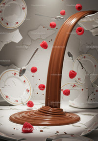 Flowing chocolate with fresh raspberries over broken porcelain