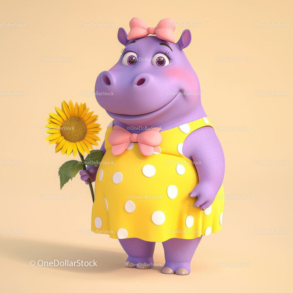 Cute Cartoon Hippo Holding Sunflower in Yellow Dress for Kids Illustration