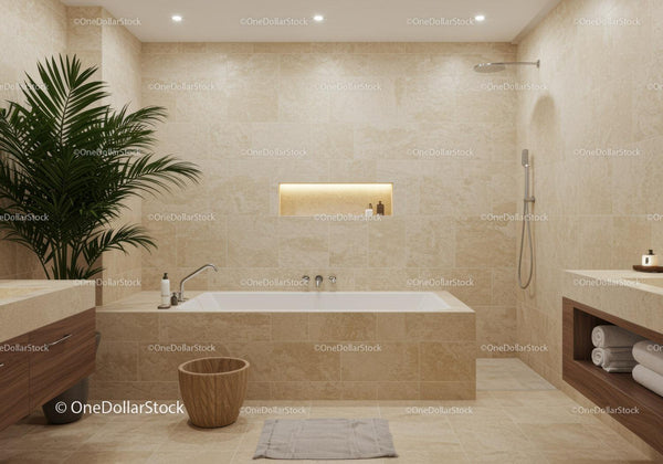 Luksusowa nowoczesna łazienka z beżowymi płytkami i relaksującą atmosferą spa