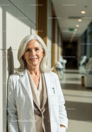 Senior Female Doctor Smiling in Hospital Corridor