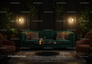 Cozy dark living room with green sofa and warm lighting