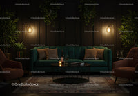 Cozy dark living room with green sofa and warm lighting