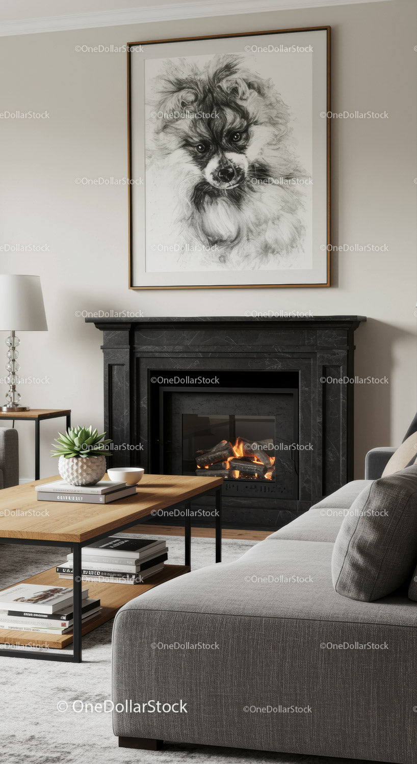 Contemporary Living Room with Black Marble Fireplace and Cozy Decor