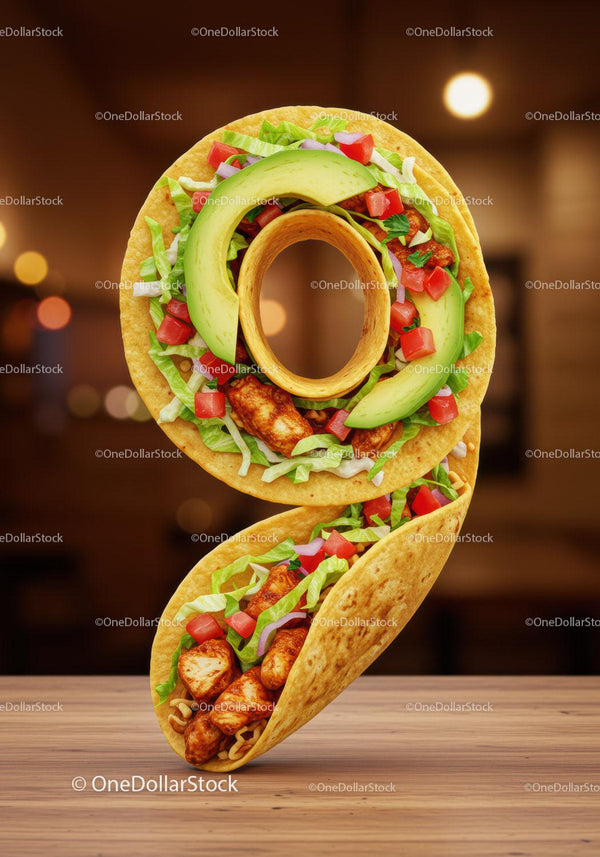 Taco Arranged in Number Nine with Fresh Ingredients
