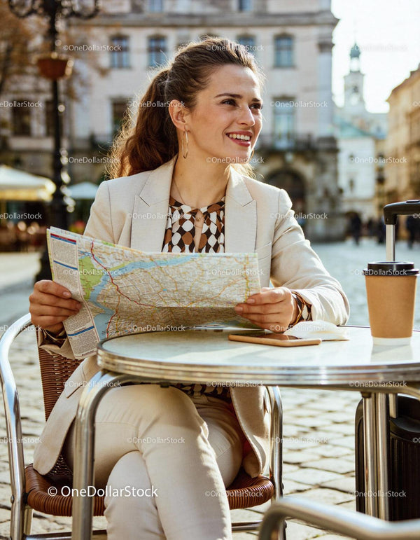 Młoda kobieta cieszy się kawiarnią w mieście z mapą podróży