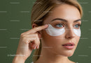 Close-up of a woman with under-eye patches performing skincare routine