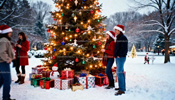Smiling couple with Santa hats by decorated Christmas tree