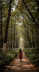 Woman walking alone on peaceful forest path