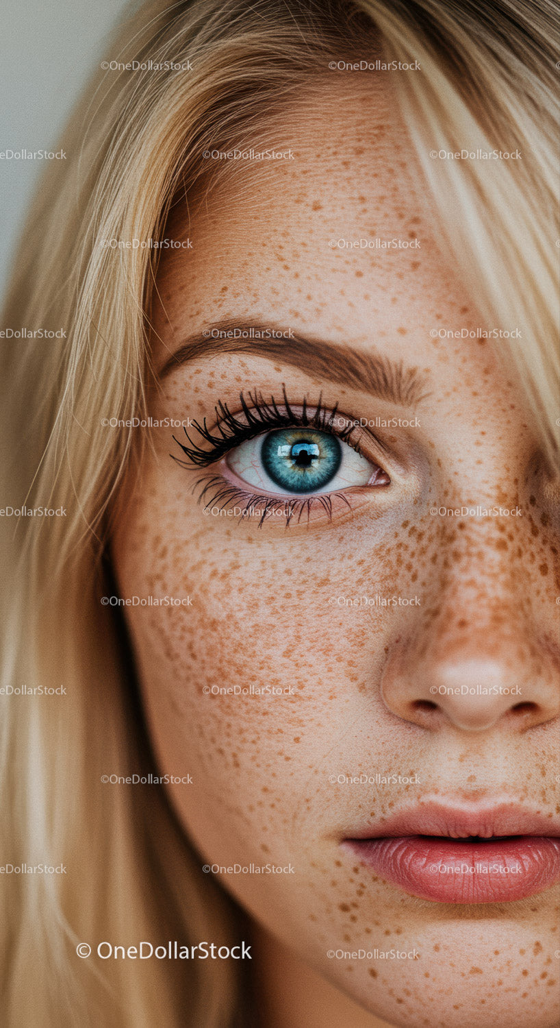 Close up portrait of young woman with freckles and blue eye