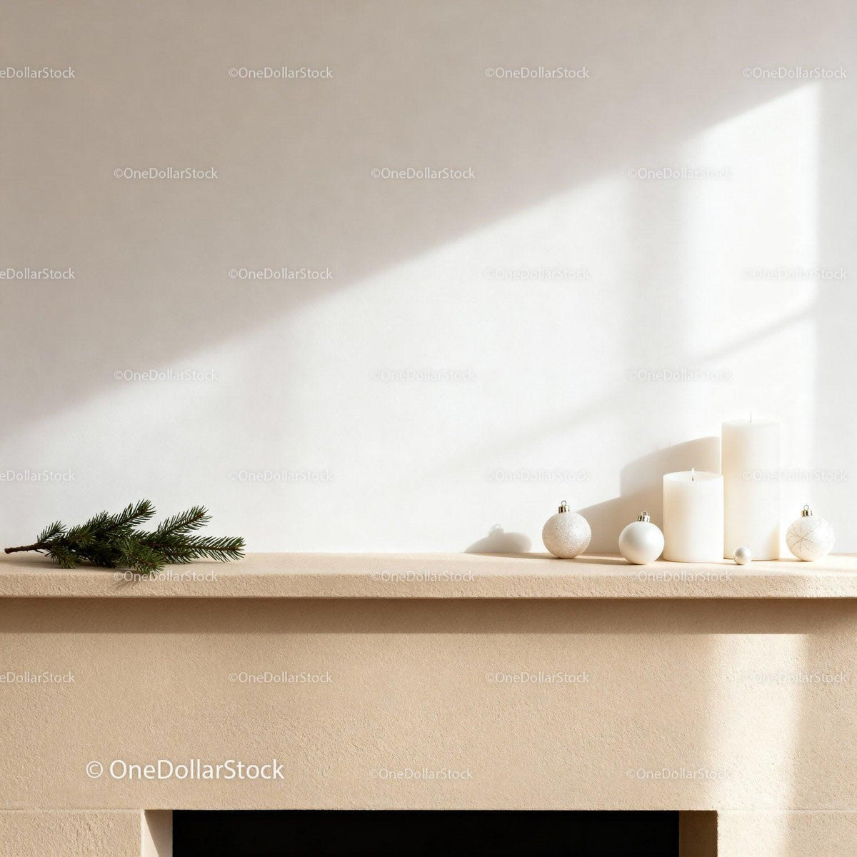 Minimalist Christmas decorations on beige fireplace mantel