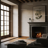 Modern Living Room with Fireplace and Botanical Wall Art