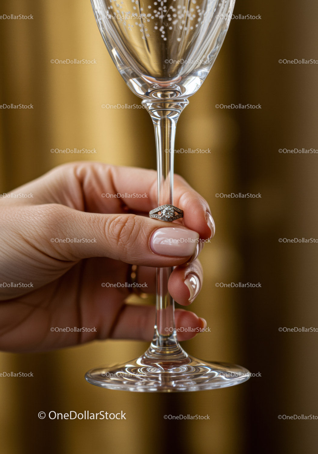 Hand Holding Champagne Glass with Elegant Ring Detail