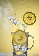 Refreshing lemon slices splashing into ice water