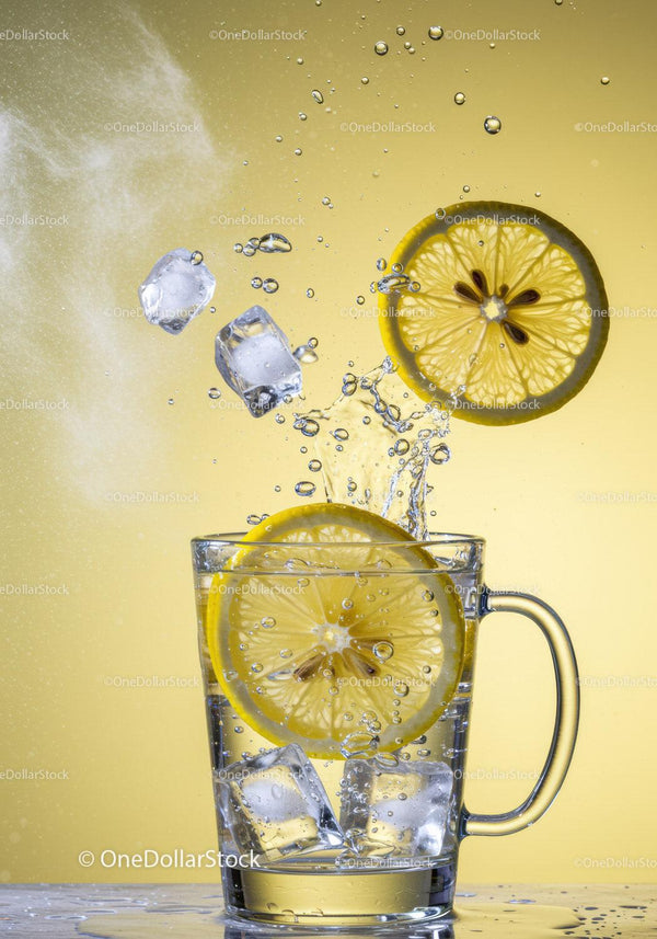Refreshing lemon slices splashing into ice water