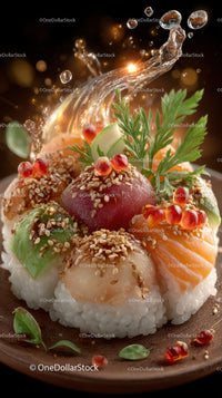 Fresh Sushi with Salmon Tuna and Avocado on Wooden Plate