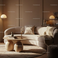Cozy beige living room with curved sofa and wooden table