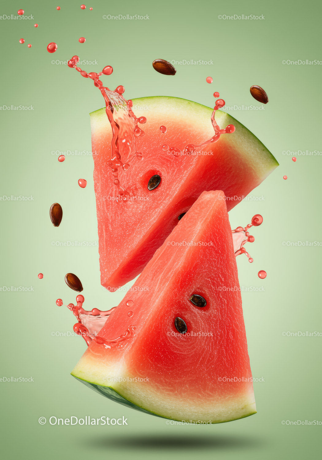Fresh watermelon slices with juicy splash on green