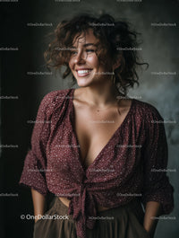 Stylish Woman with Curly Hair Smiling in Casual Fashion
