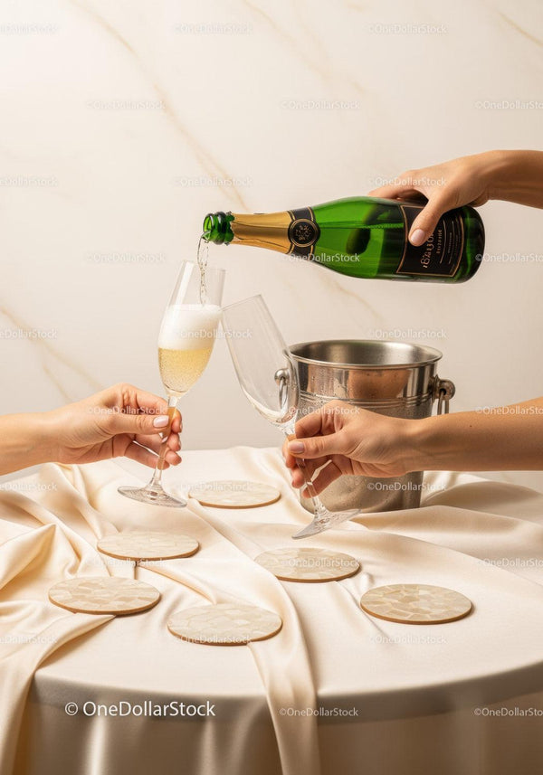 Celebratory Champagne Pour in Elegant Setting with Glasses and Coasters