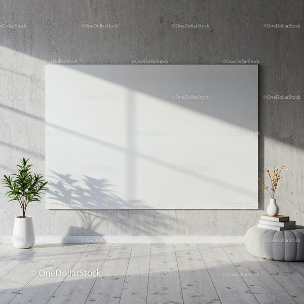 Minimalist interior with blank canvas and plants JPG Mockup Image