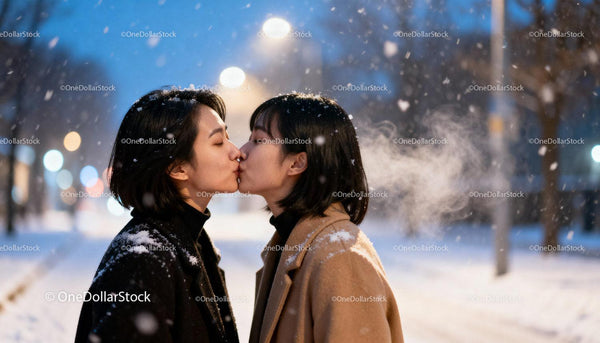 Couple sharing a tender kiss on a snowy winter evening