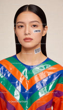 Portrait of woman with limited label and barcode stickers