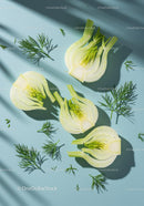Fresh fennel bulbs with dill sprigs on blue surface