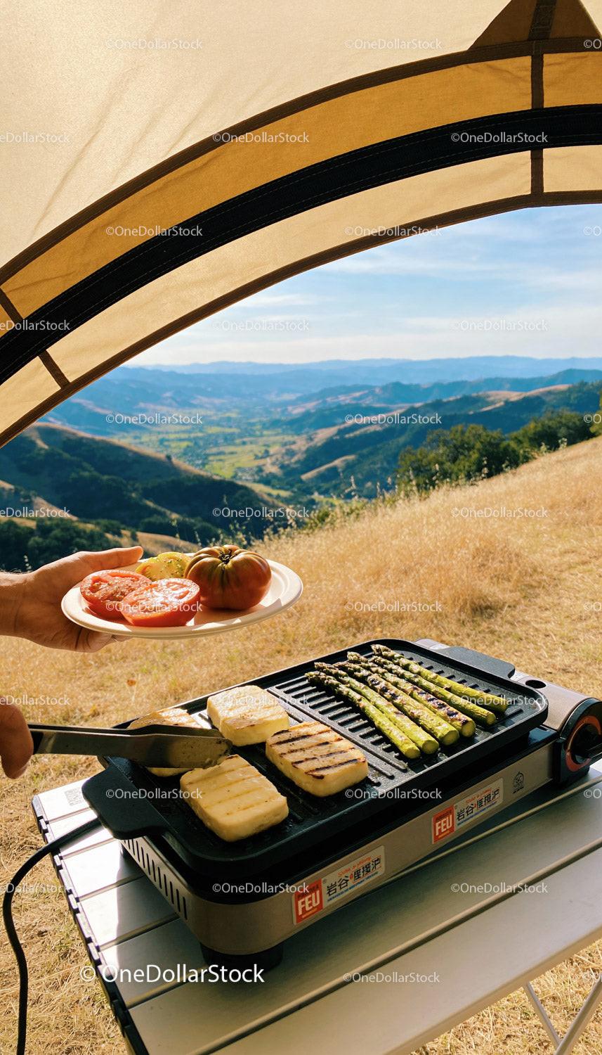 Grilled Halloumi and Asparagus with Fresh Tomatoes Outdoors
