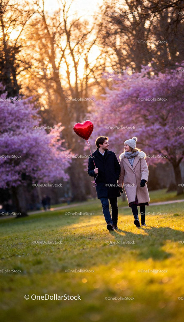 Couple Walking Together Holding Red Heart Balloon Outdoors