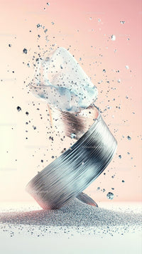 Falling Silver Cylinder with Glitter Explosion in Modern Abstract Scene