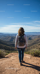 Female Hiker Standing on Mountain Ridge with Scenic Valley View