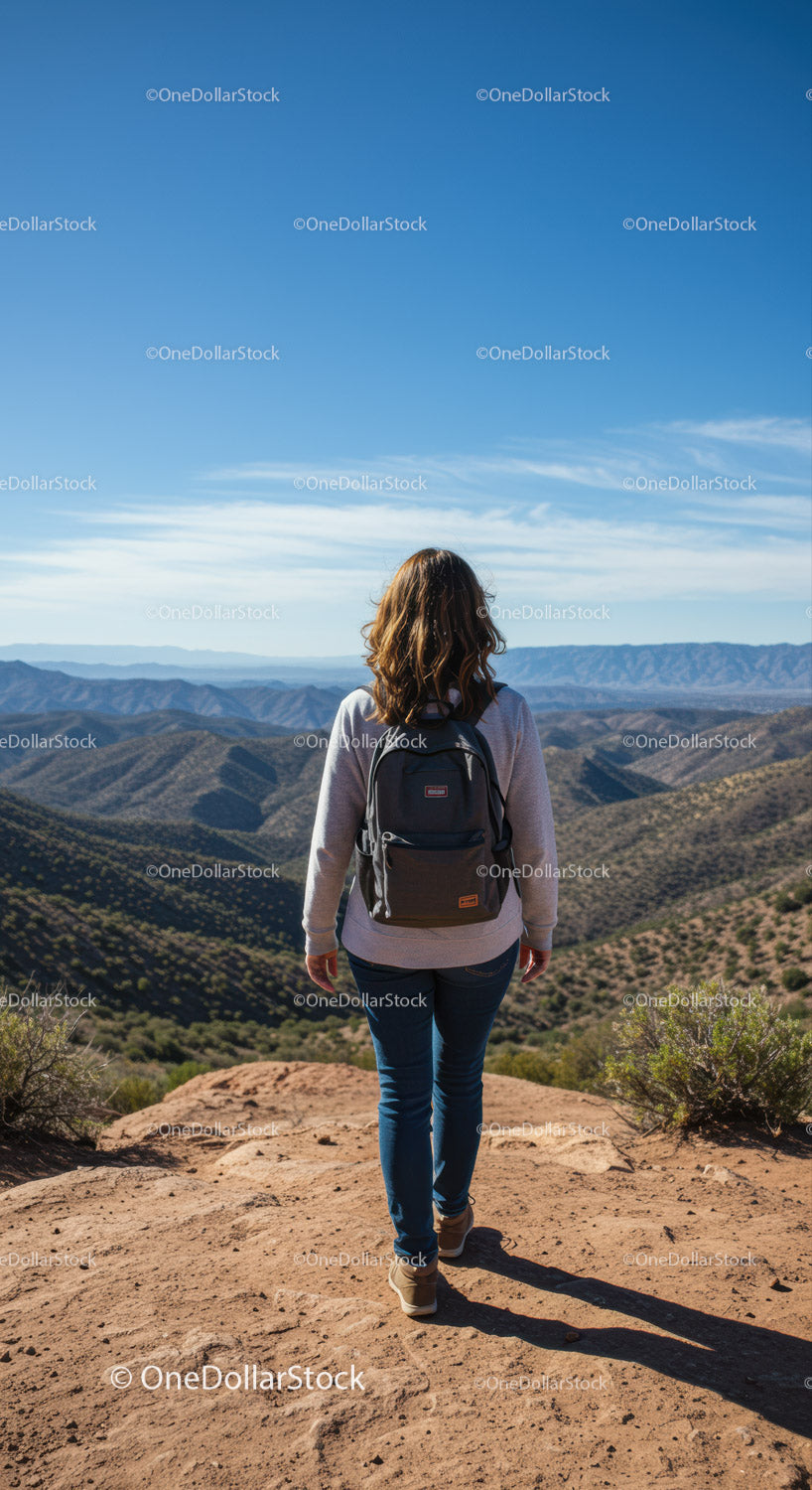 Female Hiker Standing on Mountain Ridge with Scenic Valley View