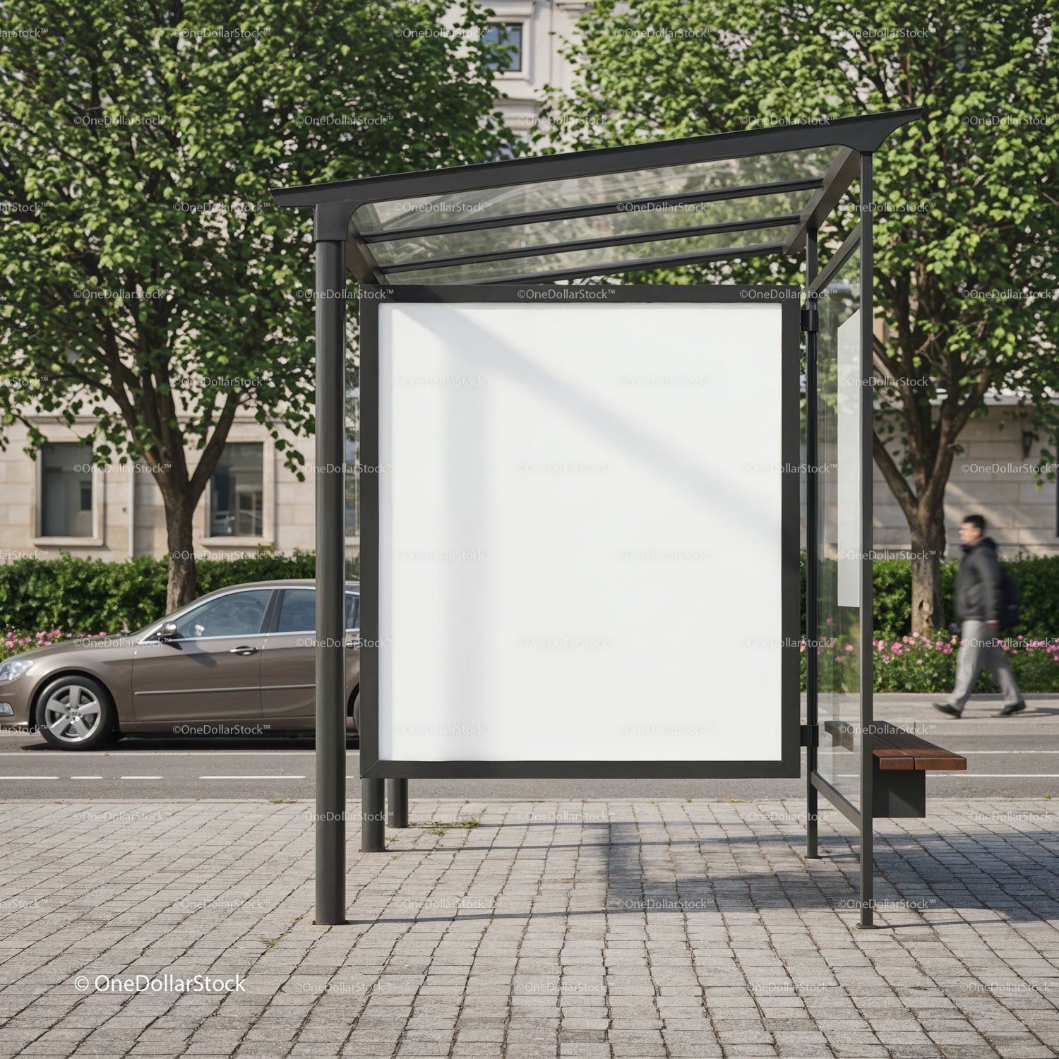 Modern bus stop shelter with blank advertising board