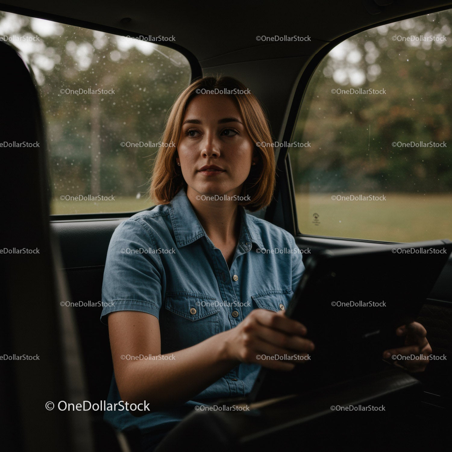 Young Woman Using Tablet in Car Back Seat on Rainy Autumn Day