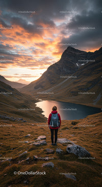 Scenic Mountain Landscape with Hiker and Sunset Over Lake