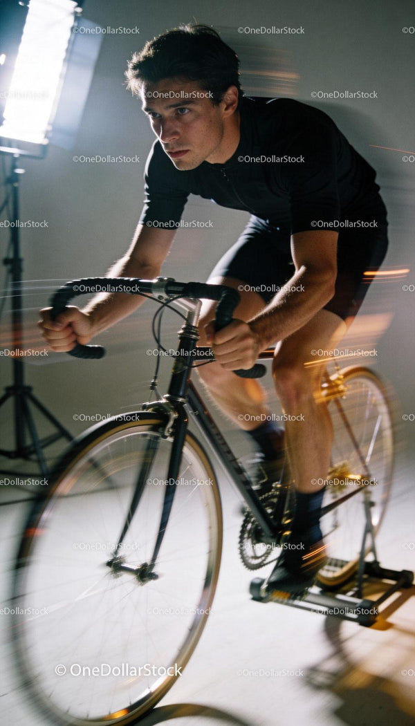 Focused cyclist training intensely on indoor bike trainer