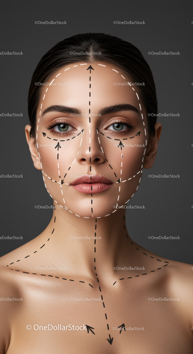 Facial Contouring and Skincare Outline with Arrows on Woman's Face