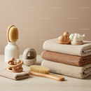 Stack of Soft Towels with Wooden Bath Accessories