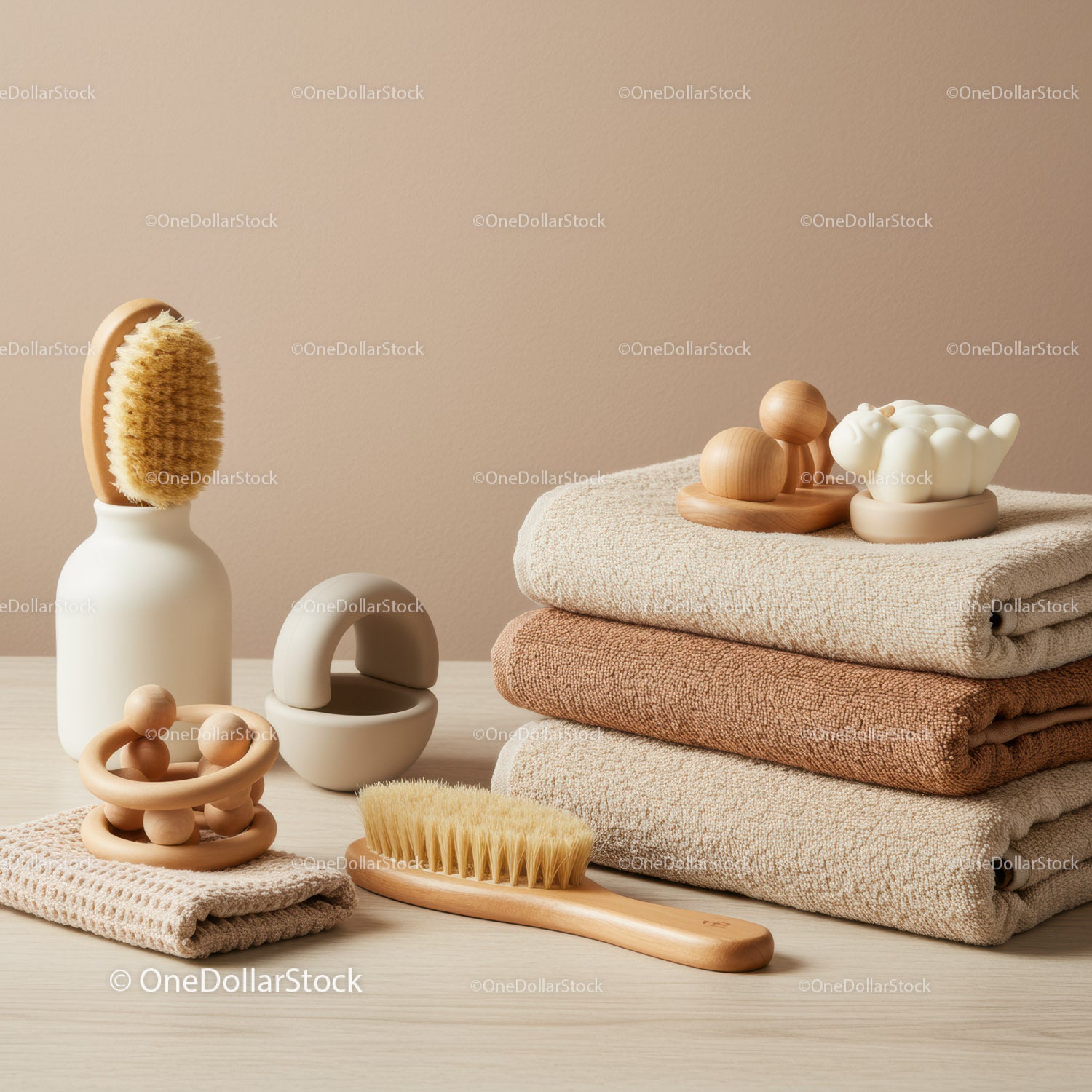 Stack of Soft Towels with Wooden Bath Accessories