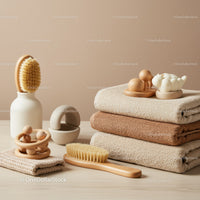 Stack of Soft Towels with Wooden Bath Accessories