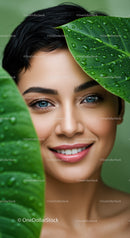 Beautiful Woman with Bright Blue Eyes Among Green Leaves with Water Droplets