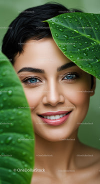 Beautiful Woman with Bright Blue Eyes Among Green Leaves with Water Droplets