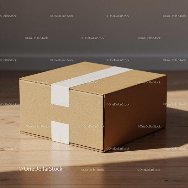 Minimalist cardboard box sealed with white tape JPG Mockup Image