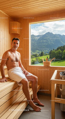 Relaxing Man in Sauna with Scenic Mountain View and Wooden Interior