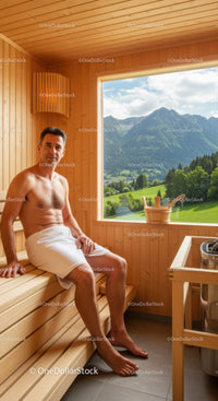Relaxing Man in Sauna with Scenic Mountain View and Wooden Interior
