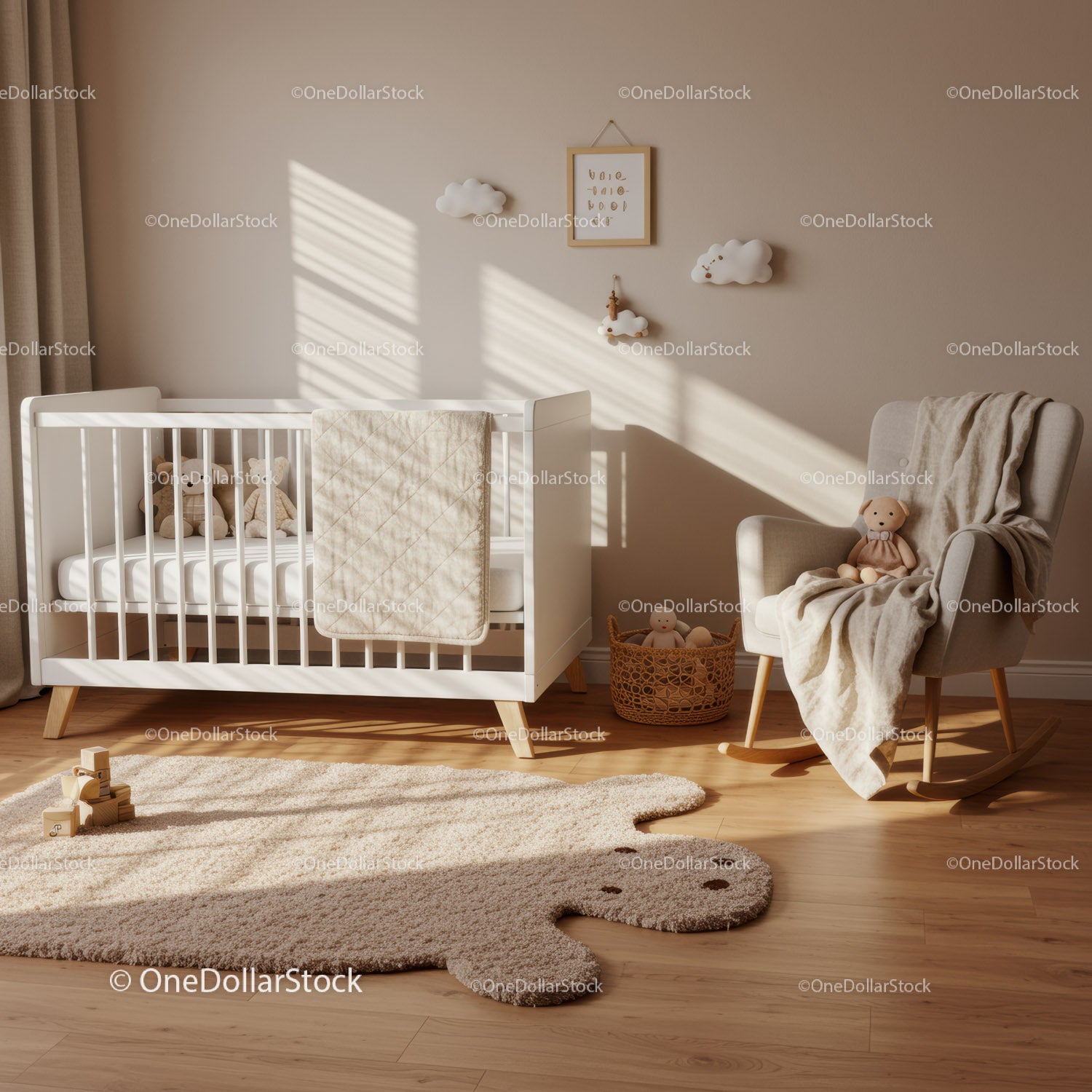 Cozy modern nursery with white crib and rocking chair