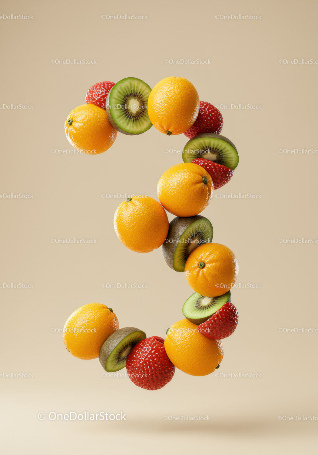 Number Three Composed of Fresh Mixed Fruits
