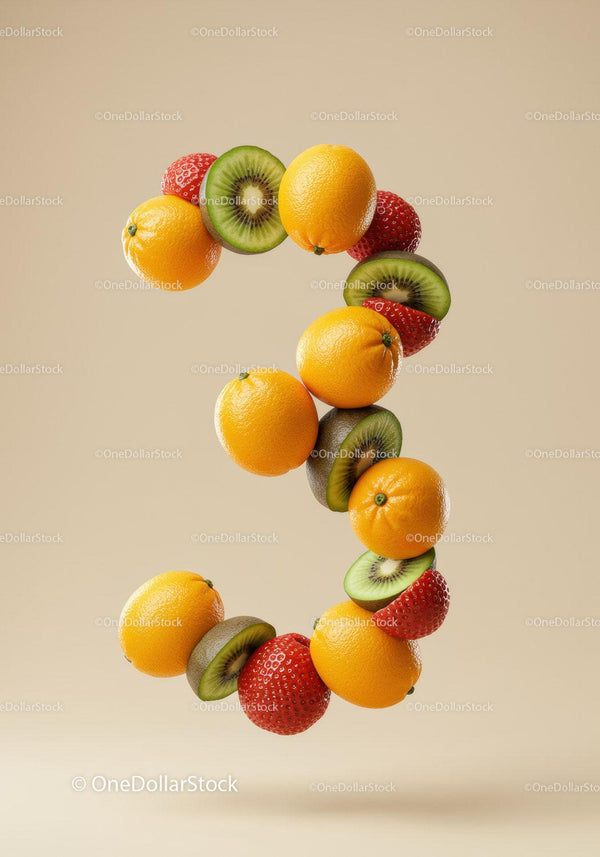 Number Three Composed of Fresh Mixed Fruits