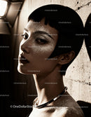 Portrait of woman with bold makeup and metallic necklace