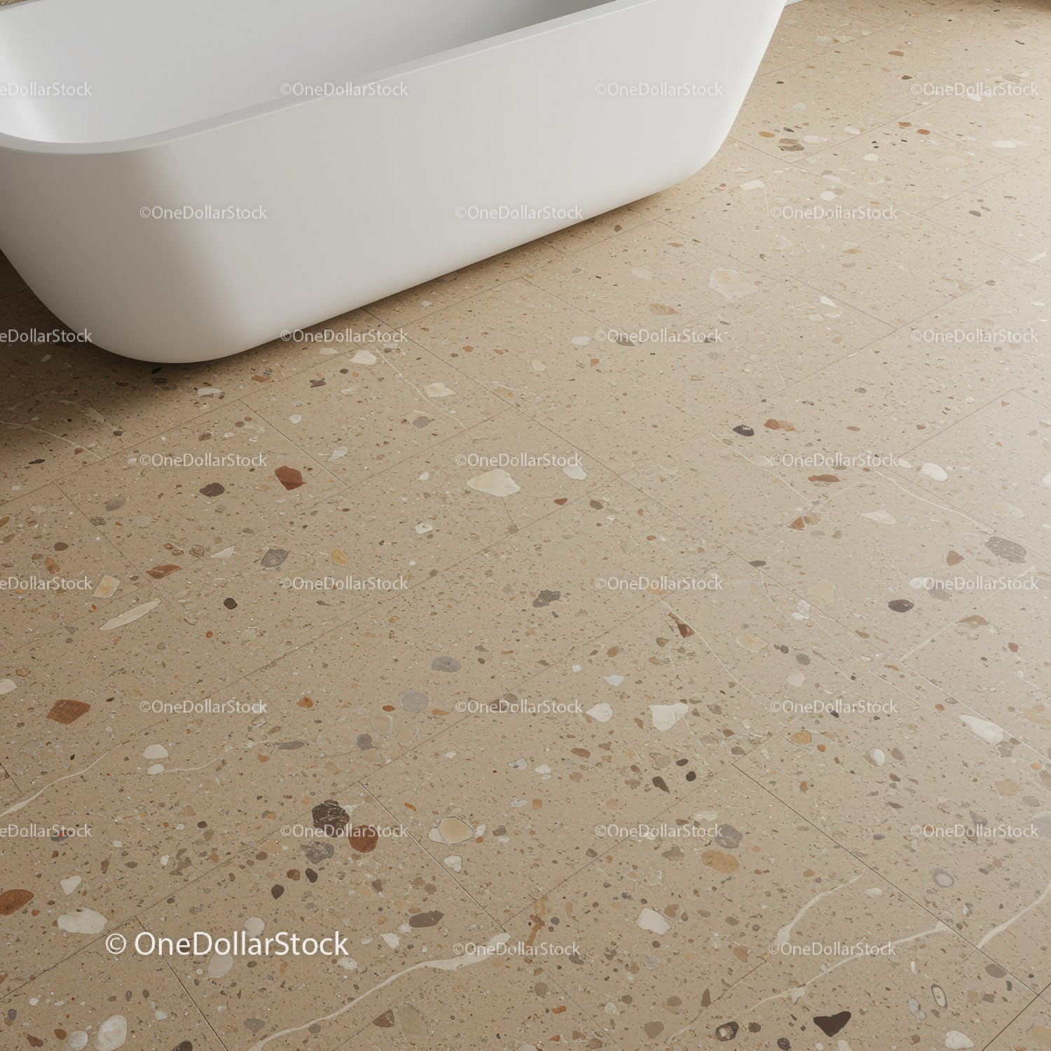 Elegant Modern Bathroom with White Tub and Beige Terrazzo Floor